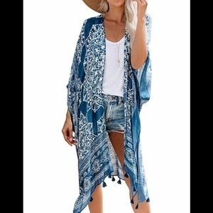 Boho Vintage Print Kimono Duster Lightweight Wrap Tassels NEW